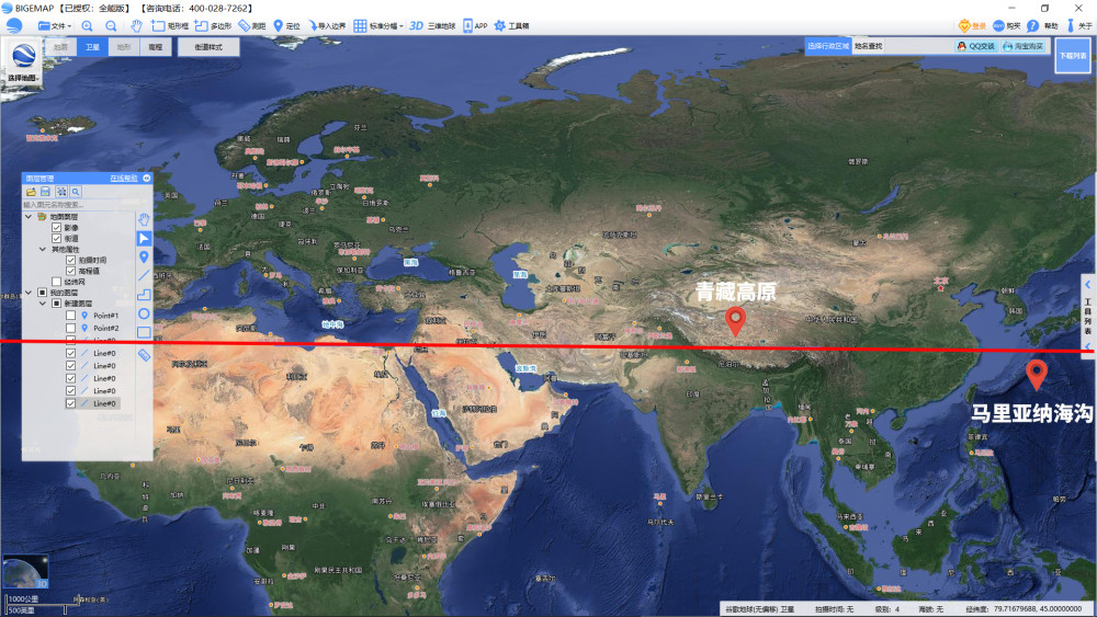map地图下载器,在这软件上面我标出了四大古国的位置和北纬30度这条线