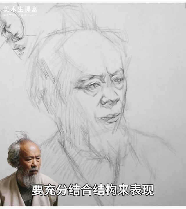 联考素描教程丨四分之三侧长胡子男老年素描头像教学