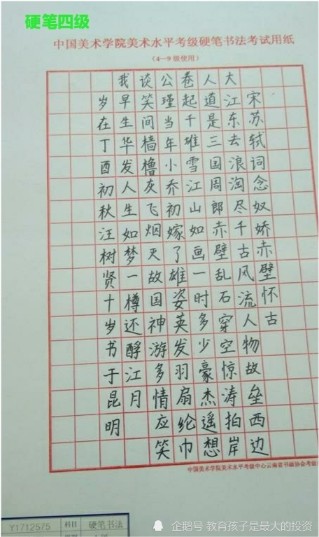 中国美术学院硬笔书法考级四级作品(有点水)