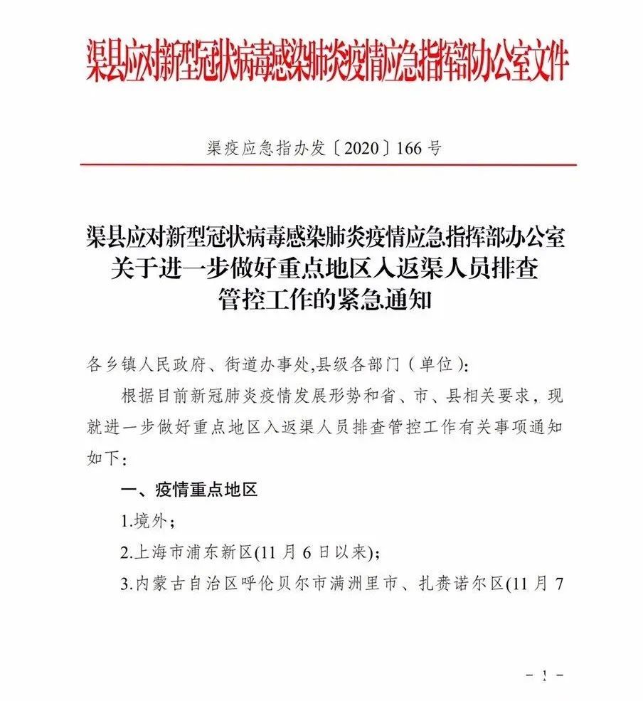 关于进一步做好 重点地区入返渠人员 排查管控工作的紧急通知!