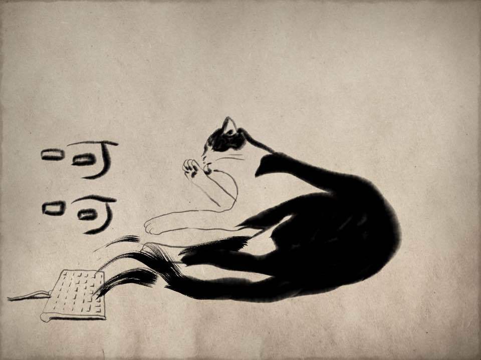 可爱猫咪与中国传统毛笔画的结合!黑白色没让猫的可爱