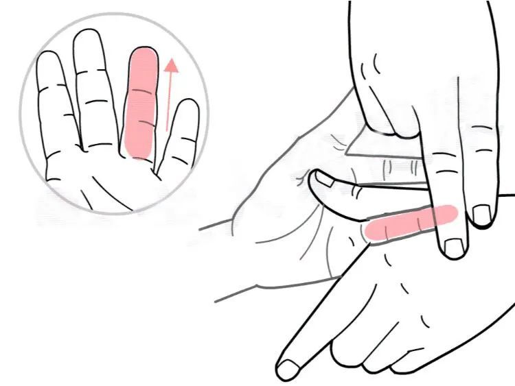 无名指的掌面,从指跟直推至指尖,持续3-5分钟,可起到 泻肺解表,止咳