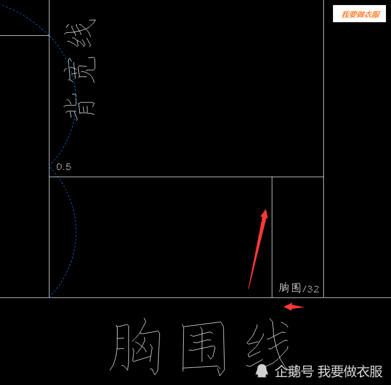 在胸围线上以胸宽线为起点量  胸围/32处垂直画辅助线