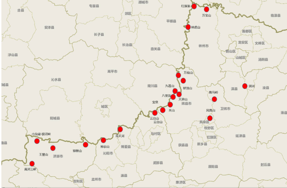 南太行山行政区划和主要旅游景区分布图