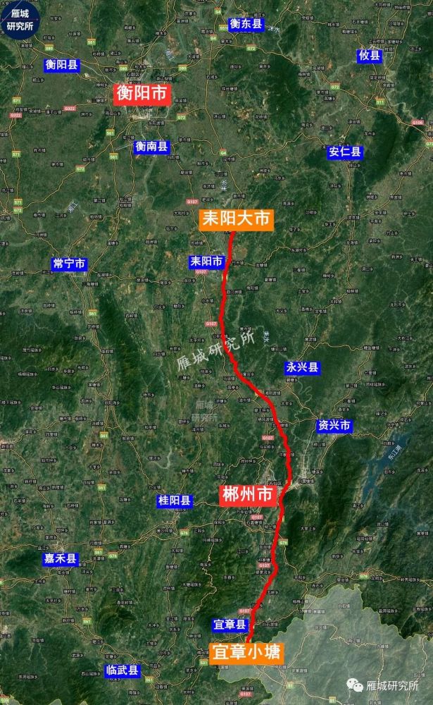 起于耒阳大市(京港澳高速与茶常高速相交的大市枢纽,往南经耒阳,宜章