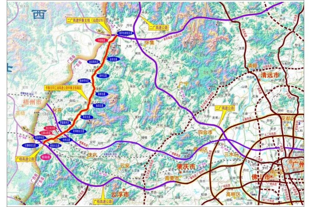 通车后的怀阳高速怀集至郁南段将串联二广高速,广佛肇高速和广梧高速