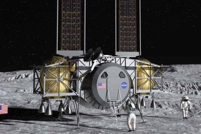 dynetics的月球载人着陆器概念图,上面描绘了月球表面附近的桶形太空