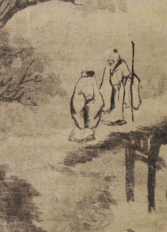 溪桥闲睡图轴(局部)北宋 米芾(传) 桥上两位老者,一策杖而立,一举头远