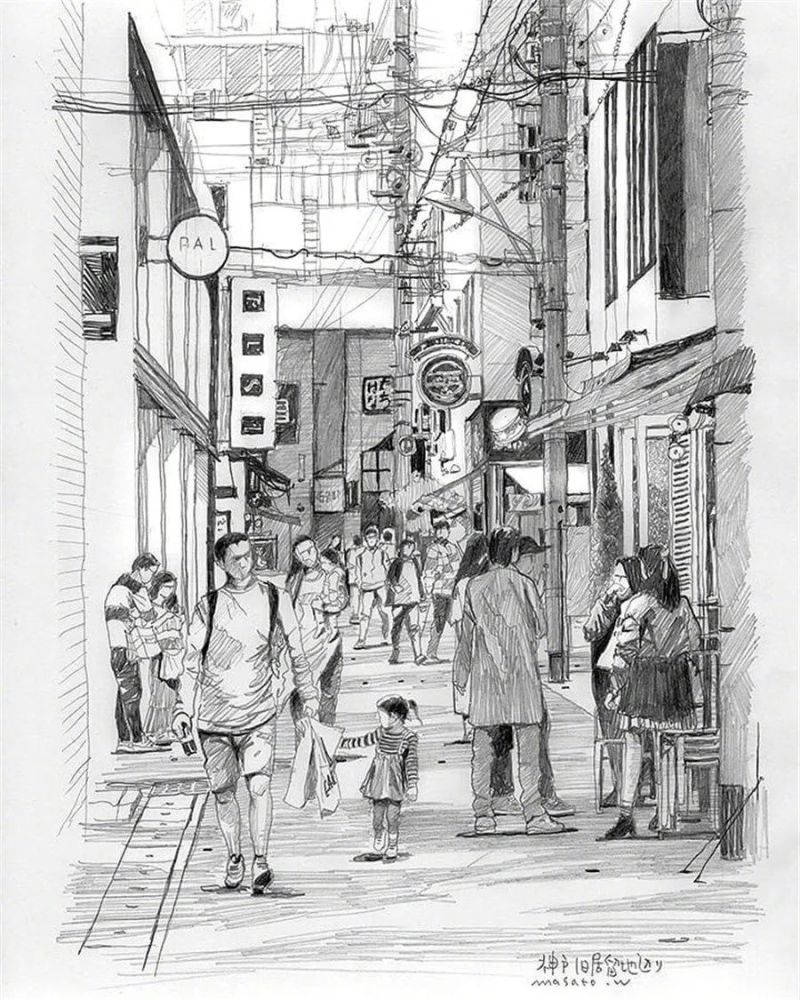 日本画家渡部政人的铅笔画速写,静谧与喧闹的结合体.