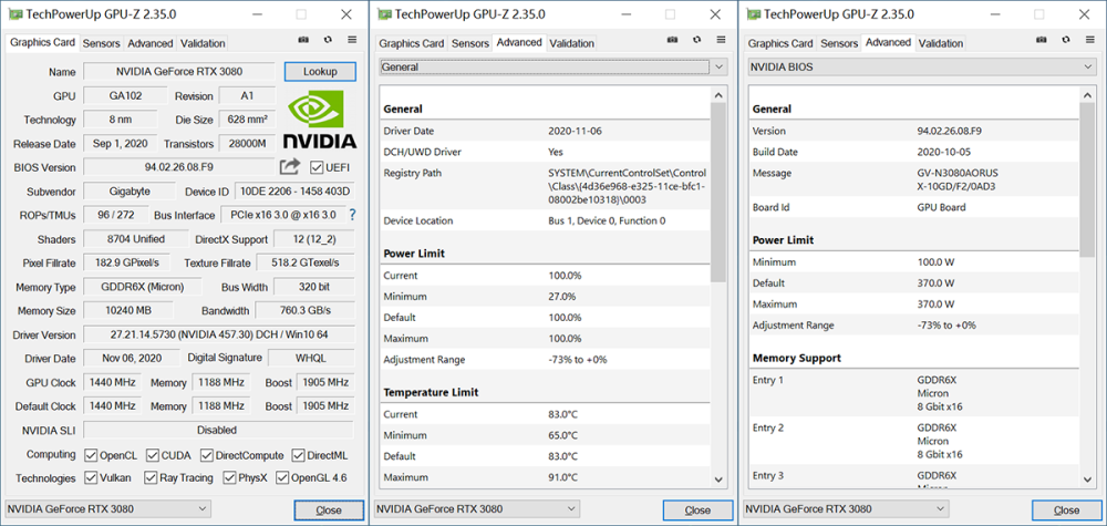 oc超频biosaorus geforce rtx 3080 xtreme大雕显卡配置有2个bios