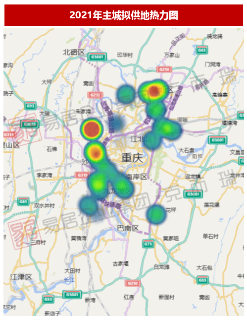 2021年主城区供地热力图来看,北区,西区均有大量土地放出,南区供应量