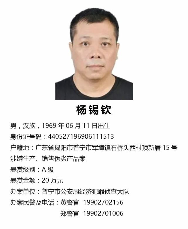 关于公开征集杨锡钦等人违法犯罪线索的通告