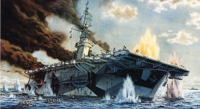这幅画作表现了萨马海战中"甘比尔湾"号护航航母遭日舰炮击的场面.