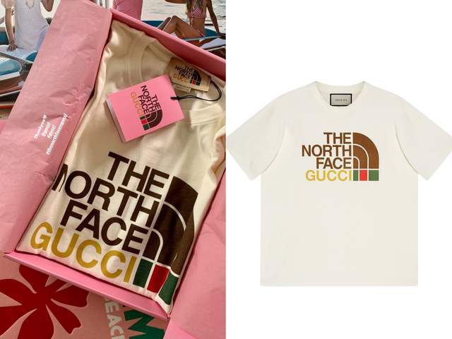 鹿晗示范宝蓝色「the north face x gucci」联名羽绒衣,印花多功能