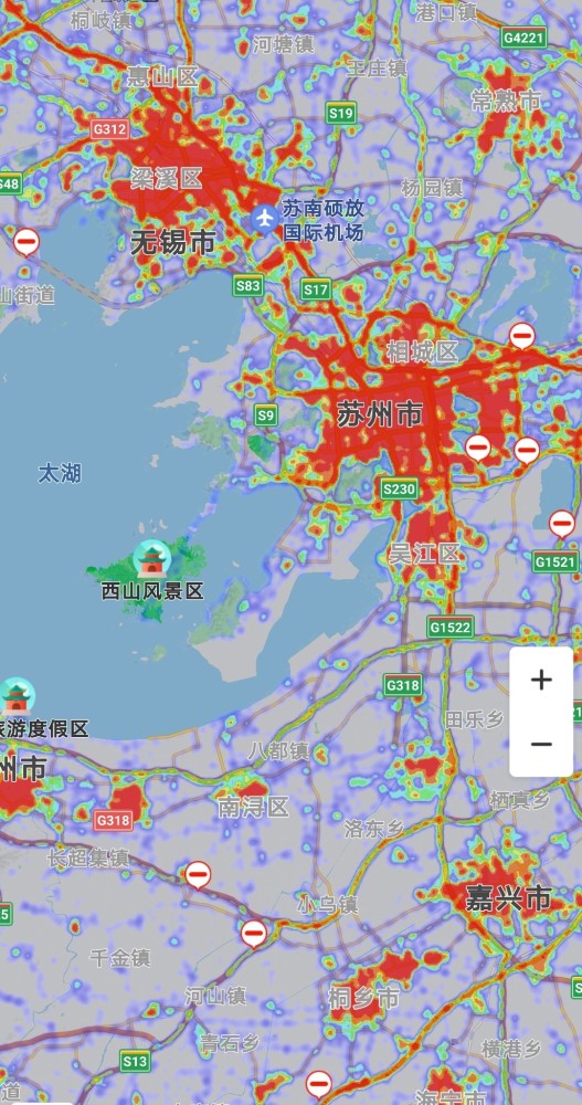 今天下午16点50分环太湖城市苏州,无锡,常州,嘉兴,湖州热力图对比