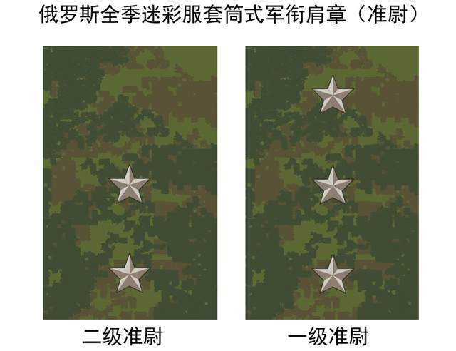 全季迷彩作战服的准尉军衔采用银星标志,二级准尉2颗星,一级准尉3颗星