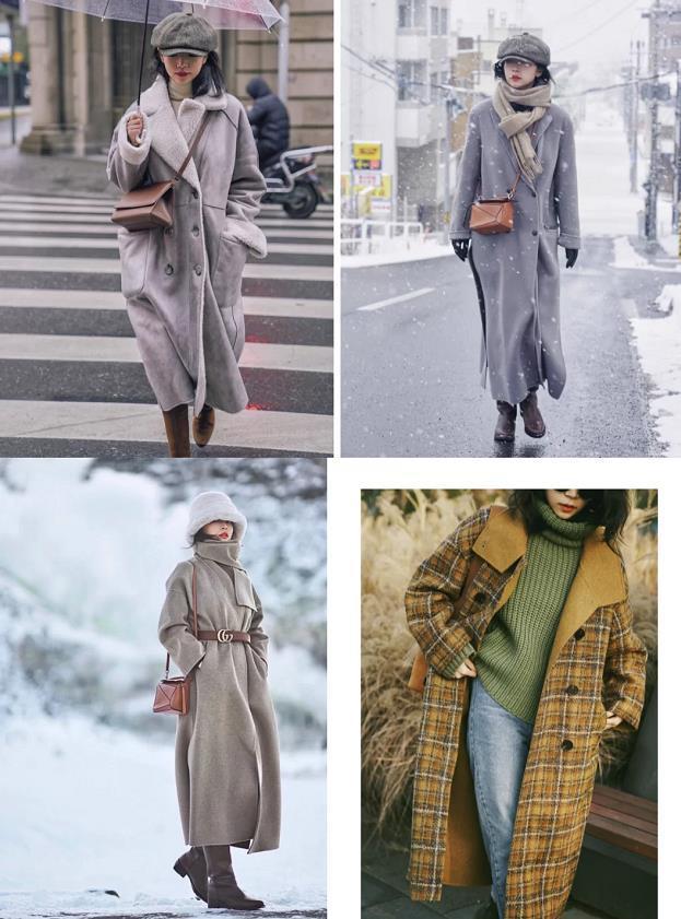 而对于今冬流行的"过膝长大衣",在三木博主的最新穿搭中可看见不少