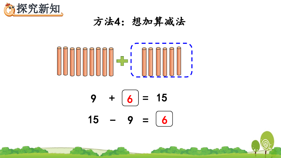 知识点 十几减9的计算方法:计算十几减9,可以用"破十法","想加算减法"