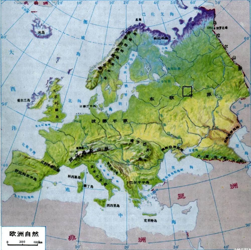 图:欧洲水系山脉图,莫斯科向东西南北四个方向都距离大河不远,这在