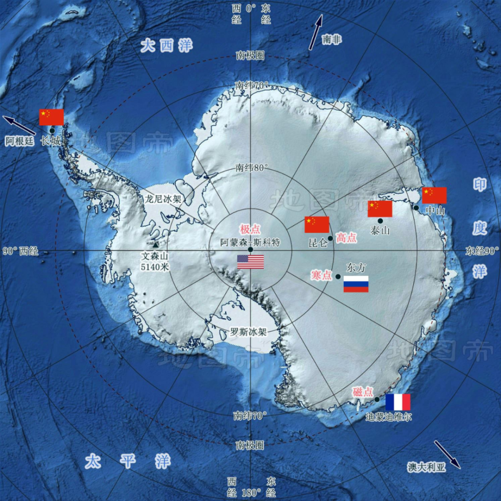俄罗斯"东方"站和其他国家的一些主要科考站在南极大陆的位置