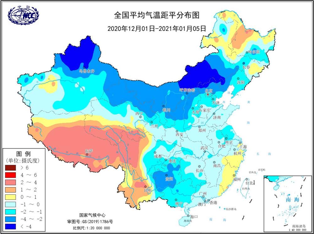 12月1日以来全国平均气温距平分布,中东部大部地区气温偏低