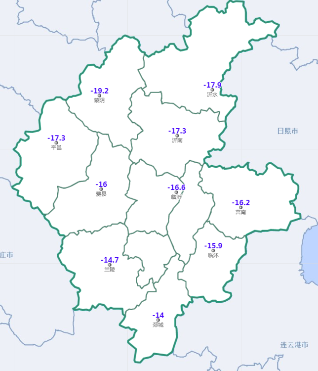 1月7日晨 临沂各县区最低气温值来了! 最低温-19.2度!