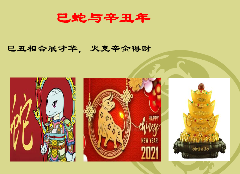 2021年辛丑年,天干辛金透干,与五行为火的巳蛇相见,乃是财星透干;地支