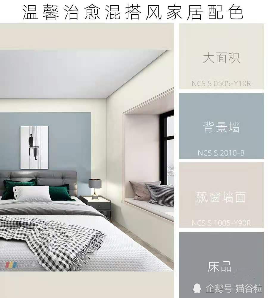 卧室大面积采用温馨色调,营造轻松的氛围,背景墙用了雾霾蓝色,增添了