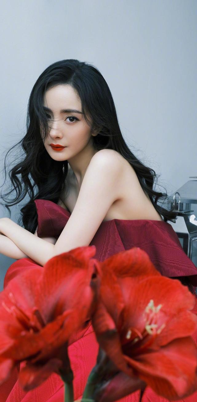杨幂新年复古红色长裙优雅写真壁纸!