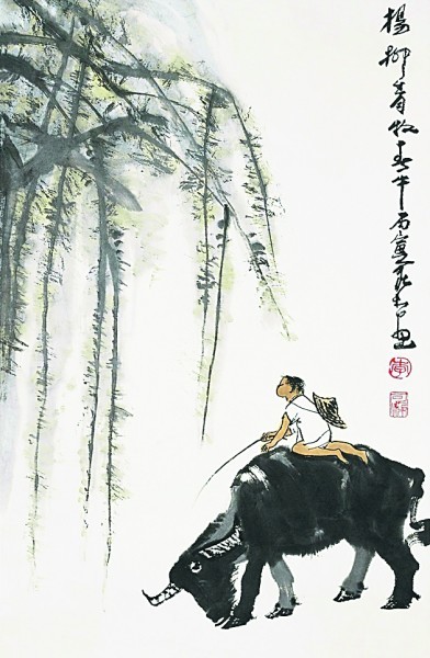 《放牛图》,画了两头水牛昂首在水中行走,两名儿童骑在牛背上,憨态