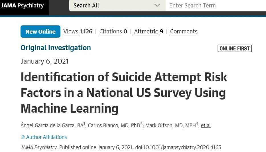 jama psychiatry:机器学习法识别自杀未遂风险因素
