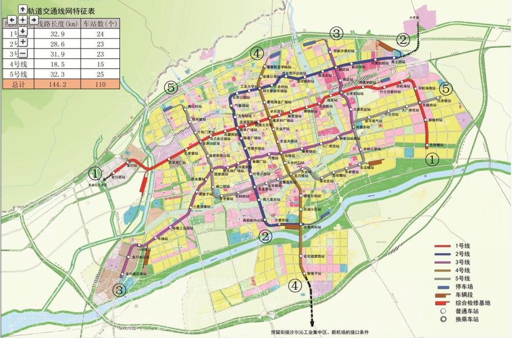 呼和浩特市共规划5条地铁:1号线,2号线,3号线,4号线,5