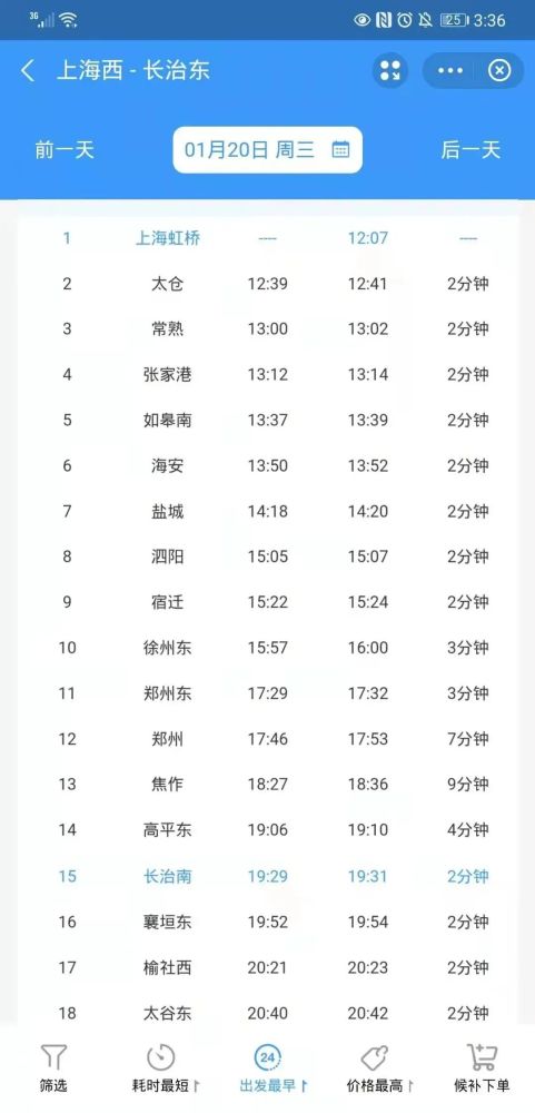 g3132(上海虹桥长治南) 上海虹桥始发:12:07 长治南终到:19:29 运行