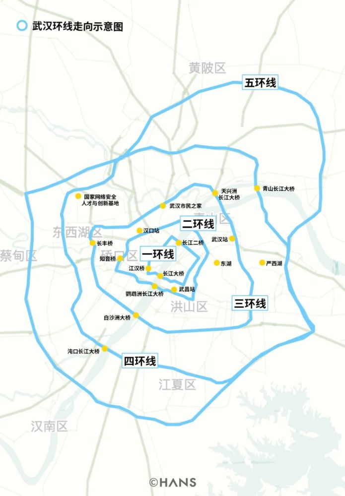 全部环线示意图 上面说的武汉五环也叫"武汉外环线,全长190公里,通车