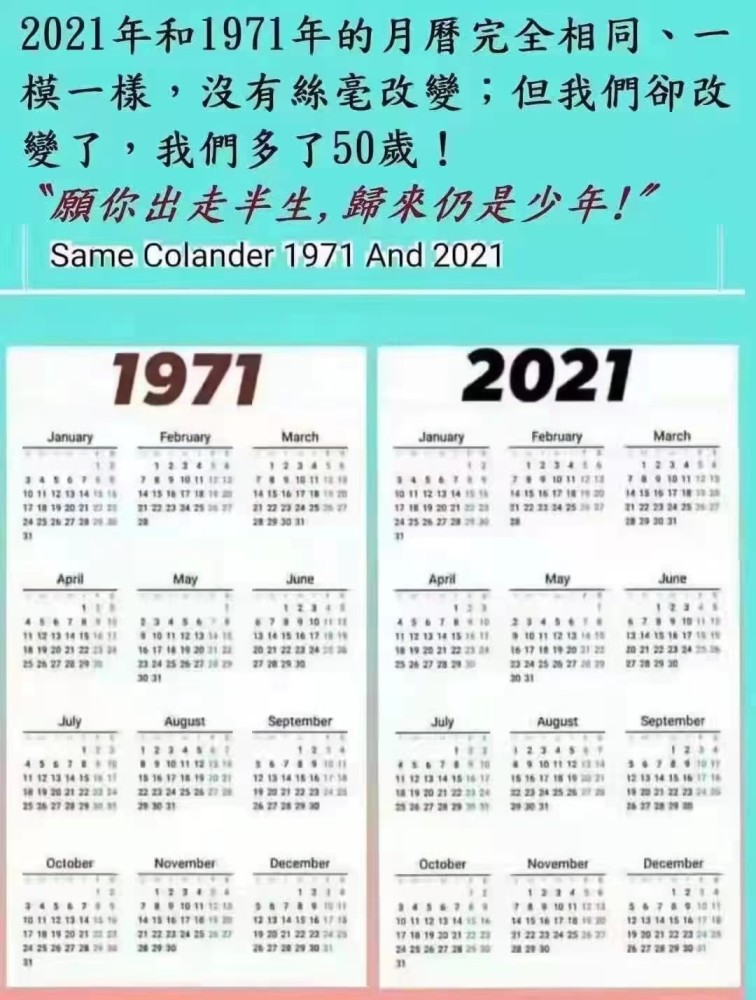 较真|1971年和2021年的日历一模一样?确实相似,但也没