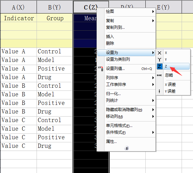 我们需要提前在excel或origin将数据排列好,下面是数据格式输入的一种