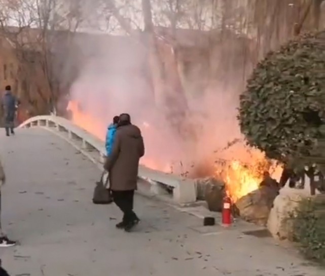 济南大明湖火情系人为纵火68岁老人把点燃的纸巾和烟头扔进草丛