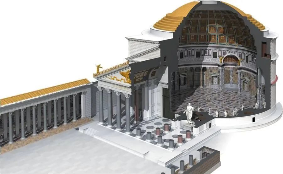 罗马斗兽场复原图(左)和实景 最有创意的,是将圆顶加在希腊建筑的顶部