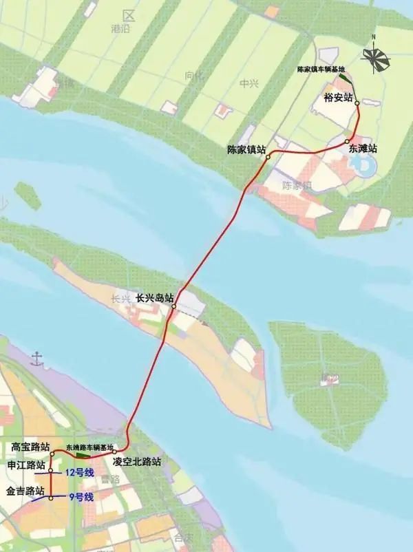 站点分别为金吉路站,申江路站,高宝路站,凌空北路站,长兴岛站自南向北