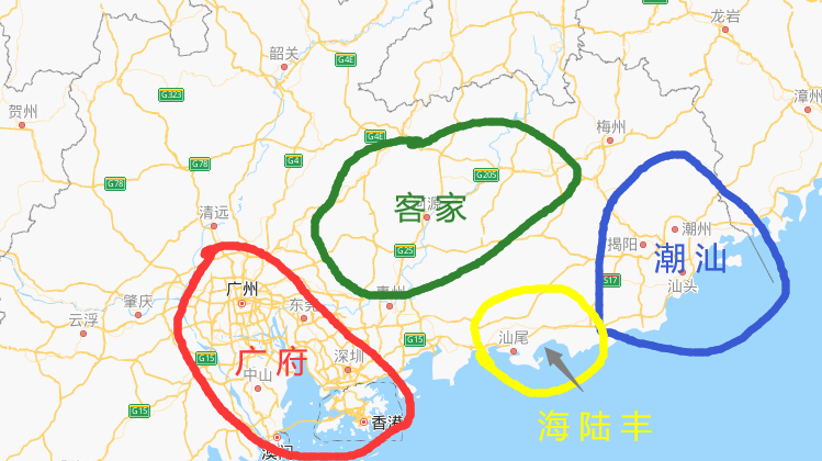 从地图上看,海陆丰刚好被三者包围. 既然周边有三种不同的方言