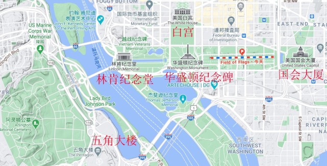 林肯纪念堂,华盛顿纪念碑,国会大厦东西向依次排列;白宫在北,杰弗逊