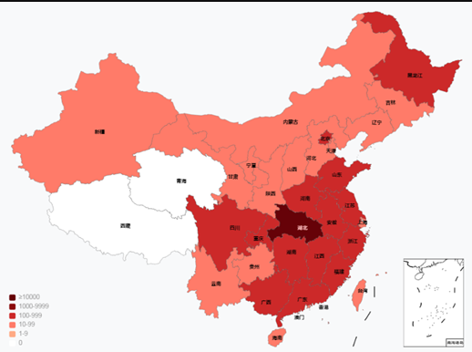 全国"新冠"疫情现有确诊病例数分布图(数据来源:国家卫健委)