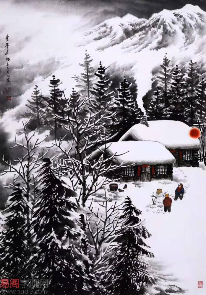 吴大恺雪景图小斗方《童年冬趣》(作品来源:易阁字画)