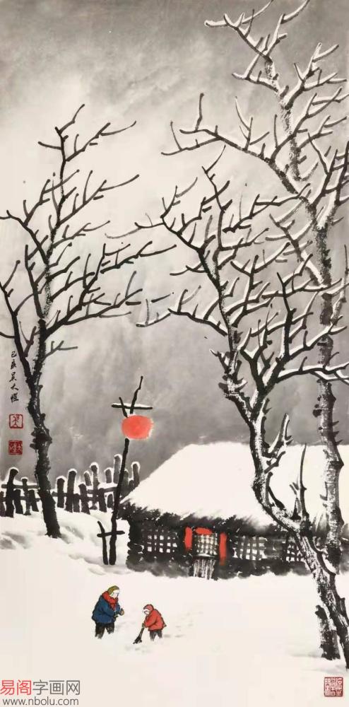 吴大恺雪景图小尺寸《童年记忆之扫雪图》(作品来源:易阁字画)