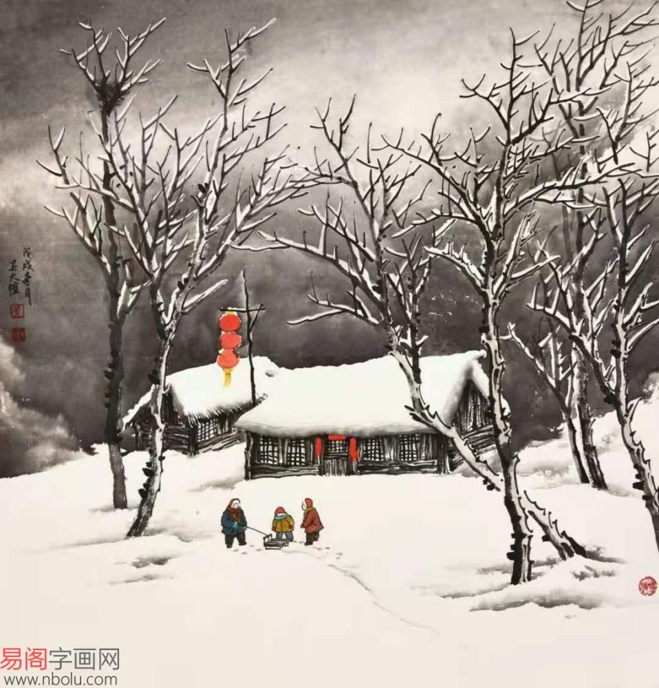 吴大恺雪景图斗方《雪橇图》(作品来源:易阁字画)