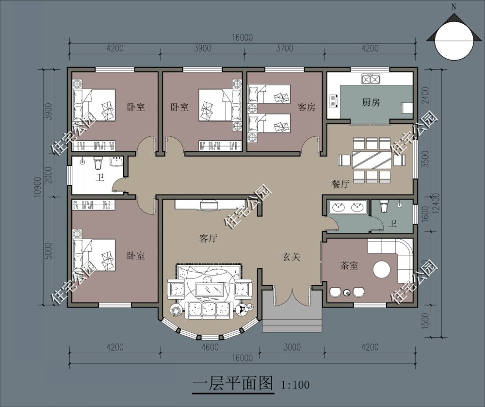 第7套:宽敞大厅 多卧室 副房设计,17×9米一层养老美宅,主体预算30万