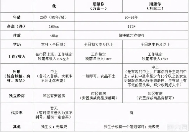 杭州姑娘表格形式列条件征婚:你符合方案一?还是方案二?