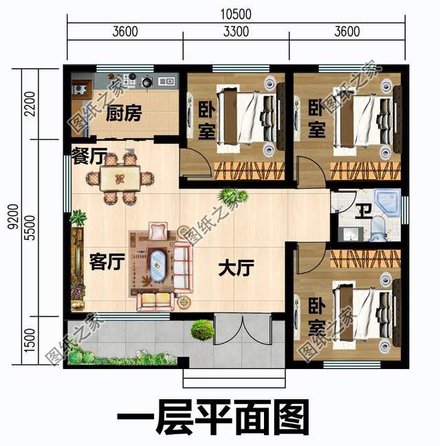 客厅,卧室x3,厨房,餐厅; 第二款:100平二层精致小别墅房屋设计图 本
