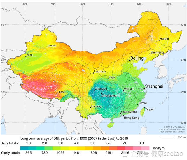 中国的直接正常辐射–2019世界银行,来源《全球太阳能图集2.0》