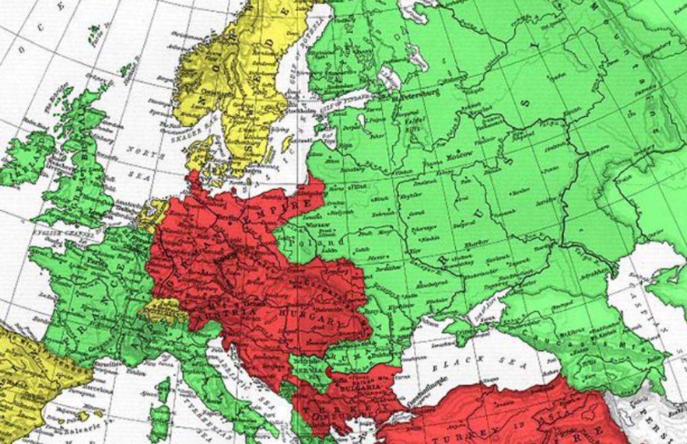 一战时协约国(绿色)与同盟国(红色)势力